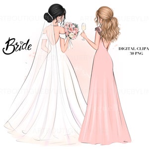 Aangepaste clipart bruid en bruidsmeisjes - trouwdag, bruidsfeest, gepersonaliseerde geschenken, doe-het-zelf trouwjurkkunst