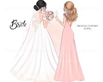 Clipart personalizado de novia y damas de honor: día de la boda, fiesta nupcial, regalos personalizados, arte para vestidos de novia DIY