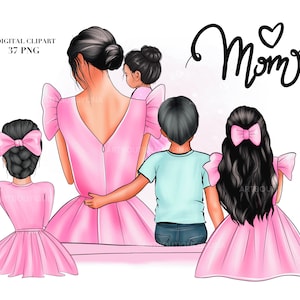 Clipart de mamá, hijas e hijo: Ilustración familiar (37 PNG descarga digital)