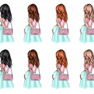 Puede incluir: Ilustraci&oacute;n de ocho mujeres embarazadas que llevan blusas rosas y faldas azul claro. Cada mujer lleva un bolso de mano acolchado rosa con una correa de cadena. Las mujeres tienen diferentes colores de cabello: negro, marr&oacute;n, rojo y rubio.