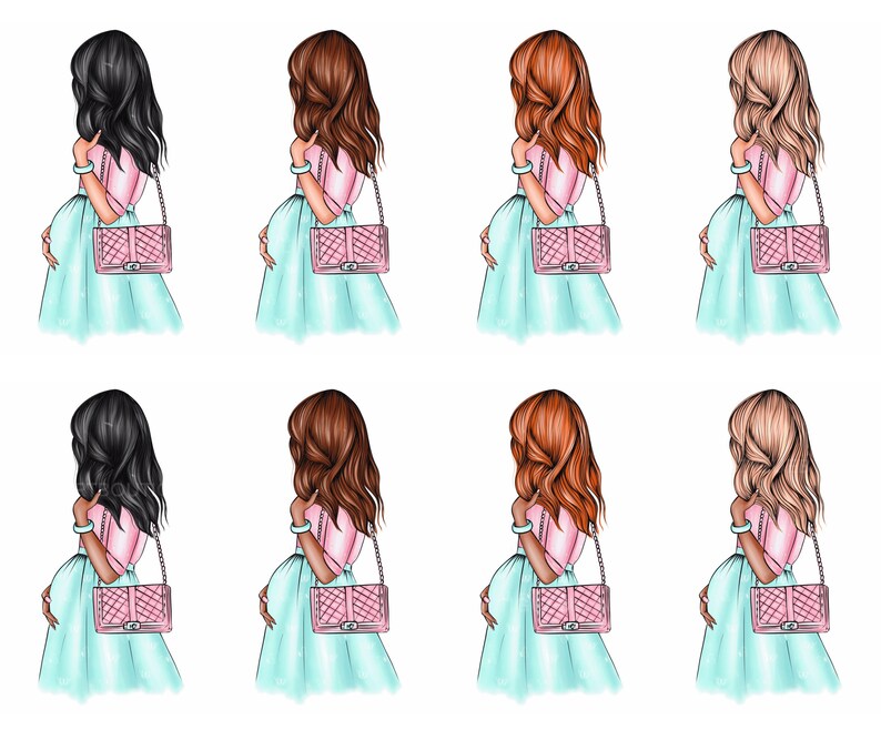 Puede incluir: Ilustraci&oacute;n de ocho mujeres embarazadas que llevan blusas rosas y faldas azul claro. Cada mujer lleva un bolso de mano acolchado rosa con una correa de cadena. Las mujeres tienen diferentes colores de cabello: negro, marr&oacute;n, rojo y rubio.