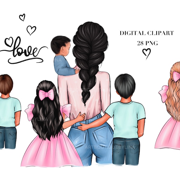 Mother with Daughter and Sons Clipart: Family PNG (28 PNG, Digital Download)