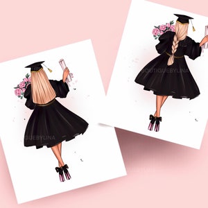 May include: A black graduation gown with a black cap and a bouquet of pink flowers. The graduate is wearing black heels with pink bows. The text "Boutiquebylina" is visible in the image.