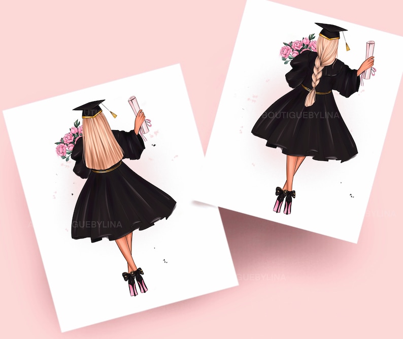 May include: A black graduation gown with a black cap and a bouquet of pink flowers. The graduate is wearing black heels with pink bows. The text "Boutiquebylina" is visible in the image.