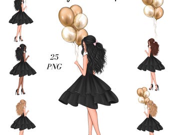 Birthday Girl Clipart PNG | Black Gold Fashion Party | Coquette Hand Drawn Commercial Use