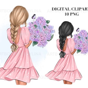 Meisje met bloemen clipart, mand met bloemen, zomer illustratie, lente png, meisje clipart, clipart voor planner meisje png, commercieel gebruik