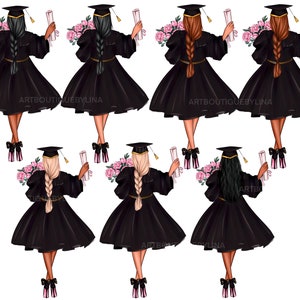 May include: Illustration of six women in black graduation gowns and caps, each holding a diploma and a bouquet of pink flowers. The women have different hair colors and styles. The background is white.