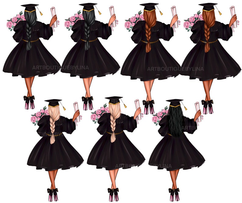 May include: Illustration of six women in black graduation gowns and caps, each holding a diploma and a bouquet of pink flowers. The women have different hair colors and styles. The background is white.
