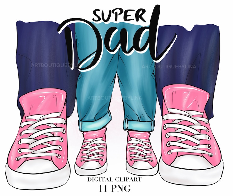 Puede incluir: Una imagen digital de clipart de un par de zapatillas rosas con cordones blancos y una pierna de mezclilla azul con el texto "SUPER Dad" en letra cursiva negra.