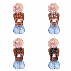Pode incluir: Quatro ilustra&ccedil;&otilde;es de uma pessoa usando um chap&eacute;u de palha com uma fita rosa, um top bandeau rosa e shorts jeans. Cada ilustra&ccedil;&atilde;o apresenta um penteado diferente: duas tran&ccedil;as, duas tran&ccedil;as com cabelo loiro, duas tran&ccedil;as com cabelo castanho e duas tran&ccedil;as com cabelo preto.