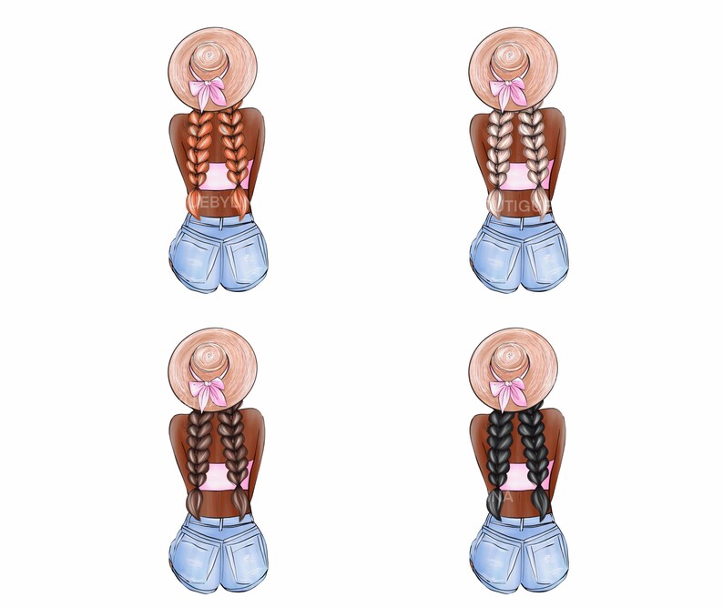 Pode incluir: Quatro ilustra&ccedil;&otilde;es de uma pessoa usando um chap&eacute;u de palha com uma fita rosa, um top bandeau rosa e shorts jeans. Cada ilustra&ccedil;&atilde;o apresenta um penteado diferente: duas tran&ccedil;as, duas tran&ccedil;as com cabelo loiro, duas tran&ccedil;as com cabelo castanho e duas tran&ccedil;as com cabelo preto.