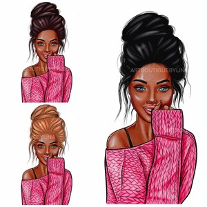 May include: A digital illustration of a woman with brown skin, wearing a pink sweater and a messy bun hairstyle. The woman is smiling and looking at the viewer.