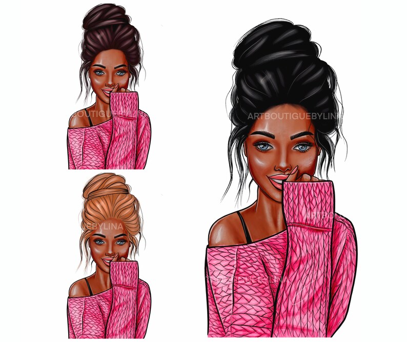 May include: A digital illustration of a woman with brown skin, wearing a pink sweater and a messy bun hairstyle. The woman is smiling and looking at the viewer.
