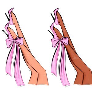 May include: Two pairs of legs in high heels with pink bows tied around the ankles. One pair of legs is light skin tone and the other pair is dark skin tone.