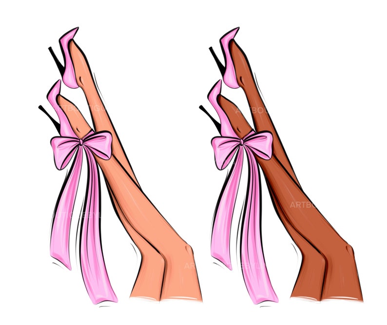 May include: Two pairs of legs in high heels with pink bows tied around the ankles. One pair of legs is light skin tone and the other pair is dark skin tone.