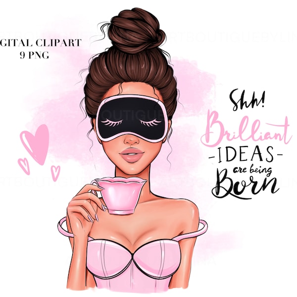 Girl in Sleep Mask Dreamy Digital clipart, Coffee clipart, coffee girl clipart, coffee lover clipart, Morning png, Sublimation graphics