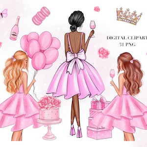 Birthday Fashion Girl Clipart: Party Illustrations,  DIY Graphics (31 PNG) (Digital Download)