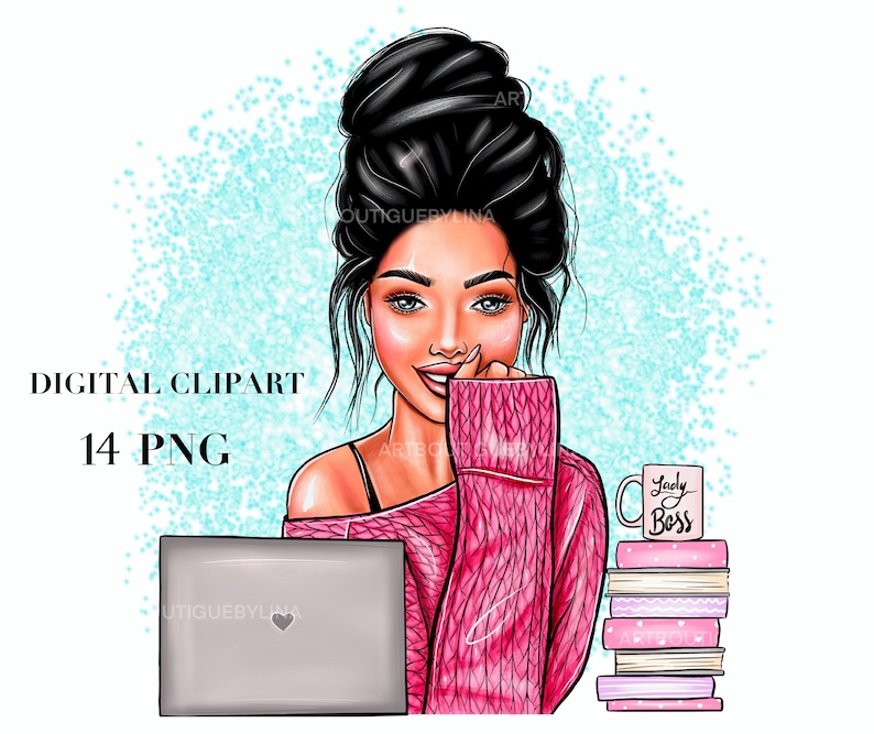 May include: Digital illustration of a woman with long black hair in a bun, wearing a pink sweater and looking at a laptop. She has a mug that says "Lady Boss" and a stack of books next to her.