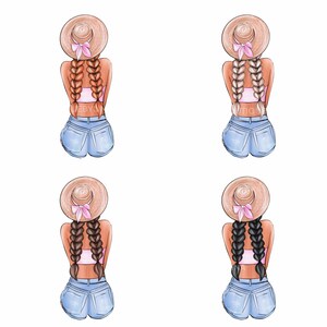 Pode incluir: Quatro ilustra&ccedil;&otilde;es de mulheres com tran&ccedil;as longas usando chap&eacute;us de palha com fitas rosa, tops rosa e shorts jeans azuis. As mulheres est&atilde;o de costas para o observador.