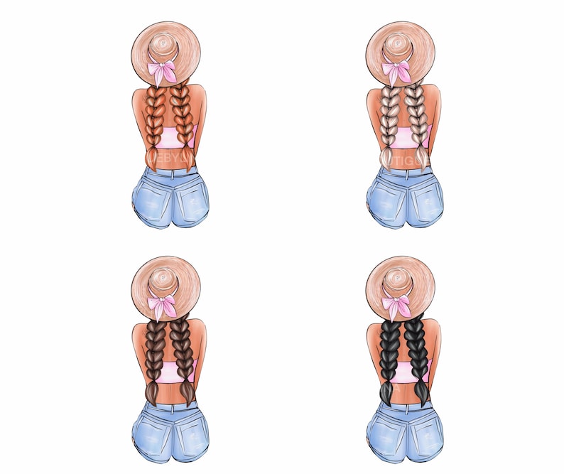 Pode incluir: Quatro ilustra&ccedil;&otilde;es de mulheres com tran&ccedil;as longas usando chap&eacute;us de palha com fitas rosa, tops rosa e shorts jeans azuis. As mulheres est&atilde;o de costas para o observador.
