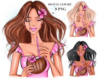 Summer Girl Clipart: Beach Time Fashion Illustration (PNG Digital Download)