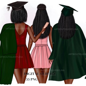 Afstuderen meisjes clipart, afstuderen clipart, afgestudeerden vrienden, zwarte vrouw afgestudeerden, afgestudeerden 2024, diploma clipart, commercieel gebruik