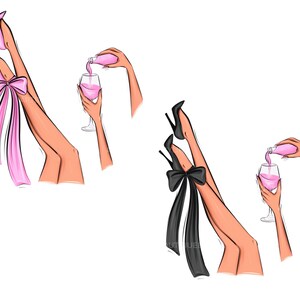 May include: Two illustrations of legs in high heels with a bow at the ankle. One illustration has a pink bow and the other has a black bow. Both illustrations have a glass of pink liquid and a bottle pouring the liquid into the glass.