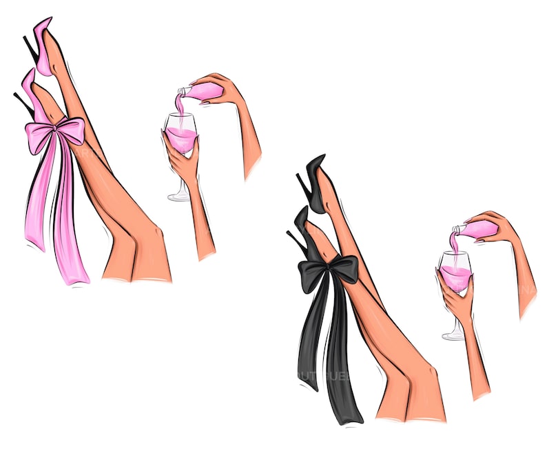 May include: Two illustrations of legs in high heels with a bow at the ankle. One illustration has a pink bow and the other has a black bow. Both illustrations have a glass of pink liquid and a bottle pouring the liquid into the glass.