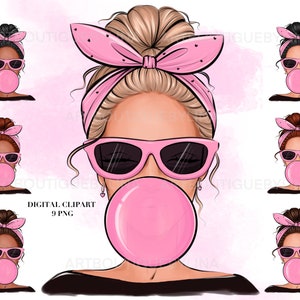 Gomma da masticare rosa PNG, Design a sublimazione, Design di stampa, Donna con gomma da masticare, Clipart di moda rosa, Clipart di chignon spettinato, Clipart digitale