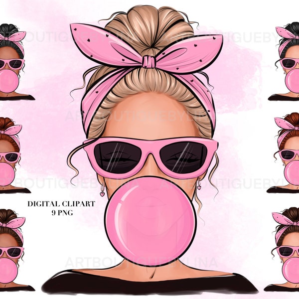 Bubble Gum Pink Png, Sublimation Design, Printing Design, Woman With Bubble Gum, Pink fashion clipart, Messy bun clipart, Digital clipart