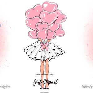 Clipart de menina rosa com balão de coração, PNG de festa de menina com balão de coração para aniversários, Clipart de menina com balão, Arte digital