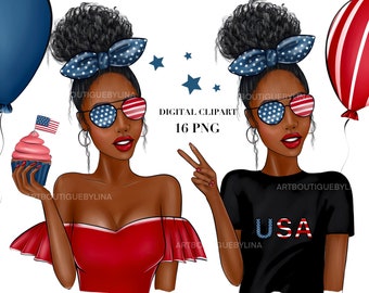 Patriotic Fashion Girl Clipart: 4th of July, DIY Graphics (16 PNG) (Digital Download)