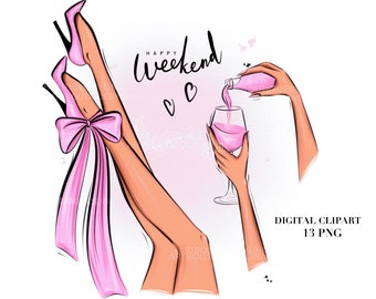 Glamorous Fashion Clipart: High Heels & Pink Wine (13 PNG Digital Download)
