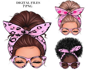 Messy Bun Girl PNG Pink Clipart, Sublimation Design (Digital Download)