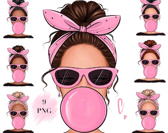 Clipart PNG de Menina com Chiclete | Coque Desarrumado Rosa | 15 Imagens Inclusivas e Coquetes para Uso Comercial