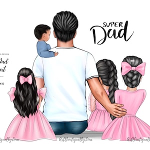 Father’s Day clipart, Father daughters and son clipart, Dad 3 girls  and son clipart, Father clipart, Daddy clipart