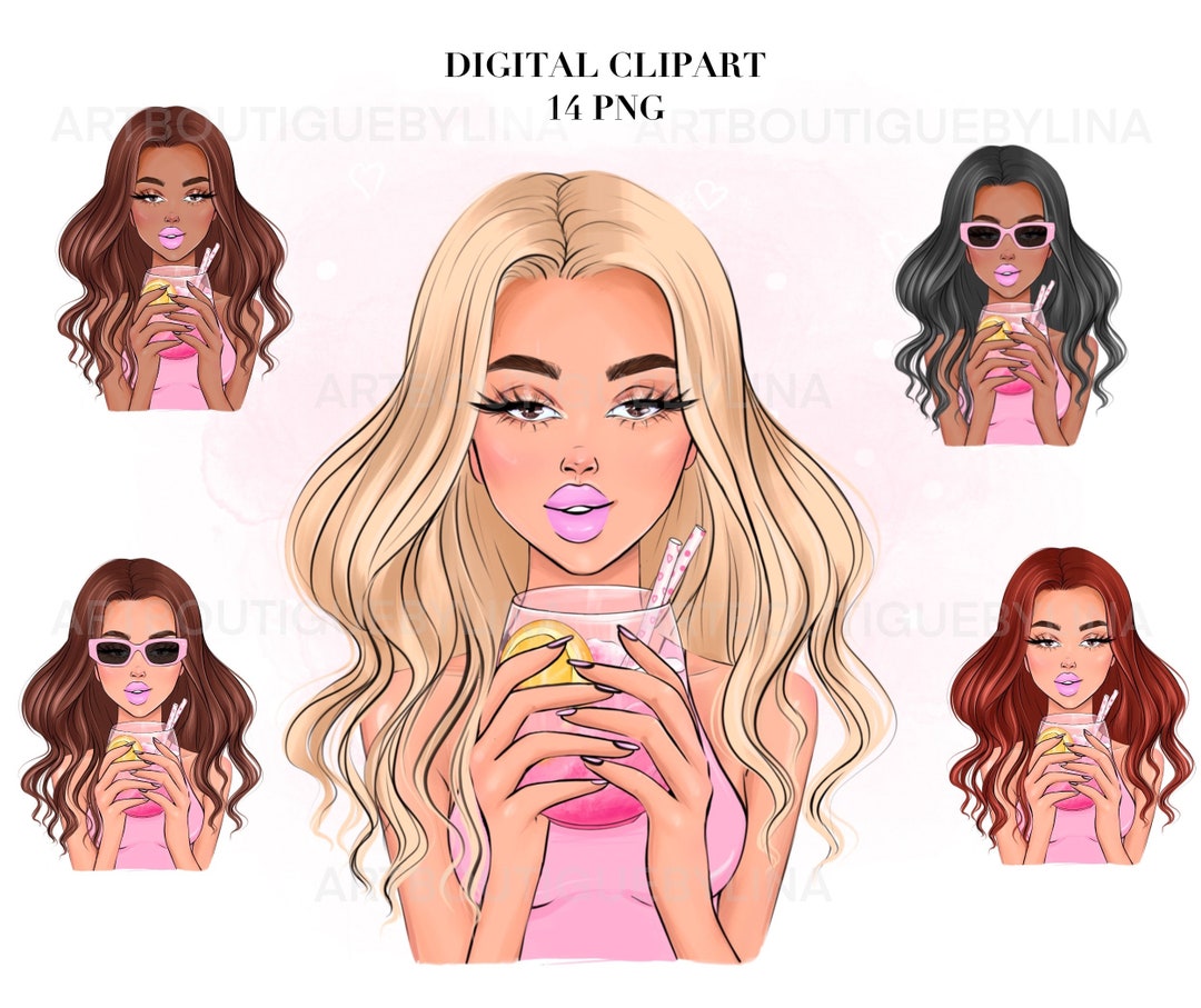 Pink Girl Clipart PNG, Cocktail Clipart, Summer Vibes Clipart, Summer