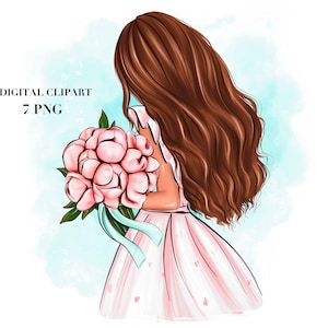 Mädchen mit Blumen Clipart, Pfingstrosen Clipart, Mädchen Clipart, Sommer Illustration, Planer Mädchen, Mode Clipart Mädchen PNG