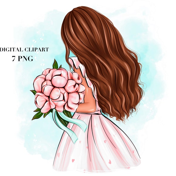 Girl with Flowers Clipart, Peonies clipart,  Girl Clipart, Summer illustration, Planner Girl, Fashion Clipart Girl PNG