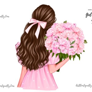 Clipart de menina e flor, estampa floral de menina, clipart de peônias, clipart de menina, clipart de aniversário, PNGs de alta qualidade, download digital