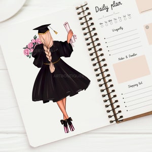 May include: A black graduation gown with a cap and a diploma. The graduate is holding a bouquet of pink flowers. The image is on a page of a daily planner with the words "Daily plan" and "Uregently" written on it.