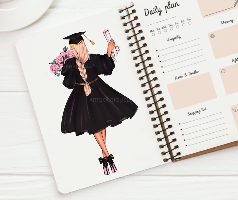May include: A black graduation gown with a cap and a diploma. The graduate is holding a bouquet of pink flowers. The image is on a page of a daily planner with the words "Daily plan" and "Uregently" written on it.