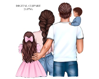 Clipart familiar: Padres y dos hijos PNG (Descarga digital)