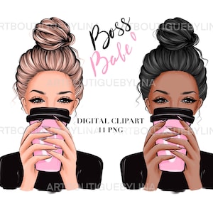 Boss Babe Coffee Clipart: Hand-Drawn Girl PNG (Digital Download)