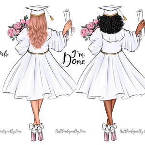 Graduierung Mädchen Clipart, Graduierung Clipart, weiße Mütze, weißes Kleid, Graduierungen Freunde, Graduates 2025, Diplom Clipart, kommerzielle Nutzung