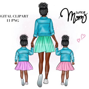 Mother and Two Daughters Clipart: Mom Girls PNG (Digital Download)