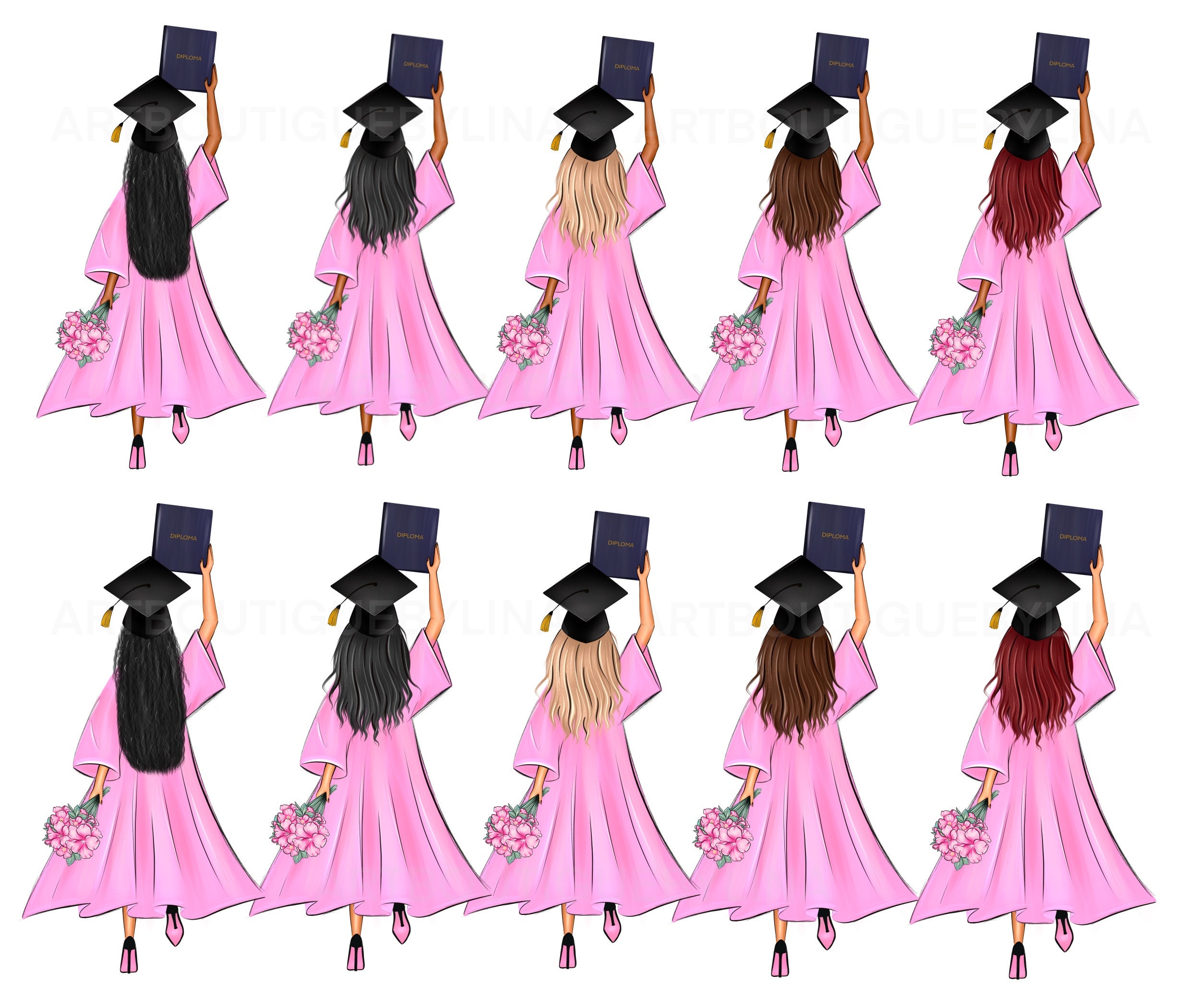 ピンクの卒業式の女の子のクリップアート：卒業証書、友達のPNG（デジタルダウンロード） - Etsy 日本, image size:2500x2100