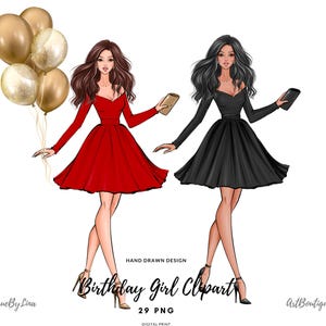 Geburtstag Clipart Mode-Illustration, Geburtstag Party Clipart, rotes und schwarzes Kleid Party Girl, Mode Mädchen Feier Illustrationen