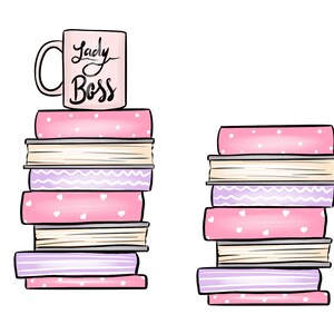 May include: A stack of pink and white books with a pink mug on top. The mug says "Lady Boss".