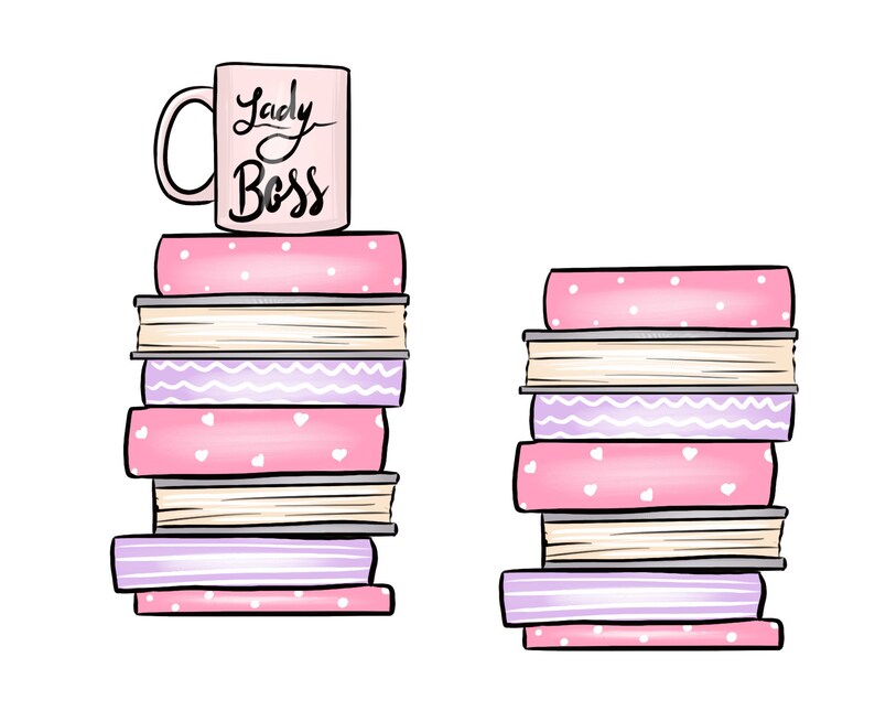 May include: A stack of pink and white books with a pink mug on top. The mug says "Lady Boss".